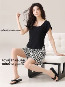 MiiOW | ชุดนอนผ้าไหมน้ำแข็งแขนสั้นขาสั้นสำหรับผู้หญิงในช่วงฤดูร้อน ชุดนอนแบบสวมหัว ทรงเข้ารูป ใส่สบาย ระบายอากาศได้ดี