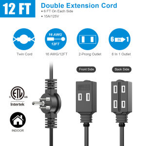 12-foot 16AWG dual-head extension socket 6-socket with safety cover flat plug home and office multi-functional expander