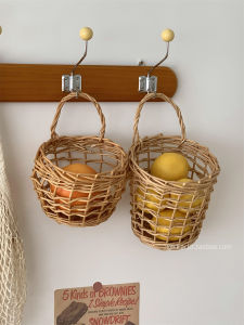 Hanging Rattan Woven Storage Basket Kitchen Fruit Sundries Weaved Storage Basket Retro Wicker Mesh Hanging Basket Storage Basket