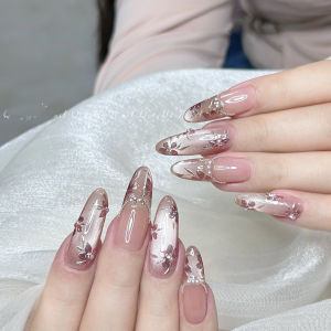 Handmade Wearing False Nails White Enhancing French Style Golden Branch And Jade Leaf High End Sensation Elegant Wedding Nails
