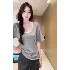 YUEZHONGWEI | Loose Short Sleeve U Neck T Shirt Womens Summer Design Sense Small Crowd Fashionable Half Sleeve Top Korean Style Commute Wind