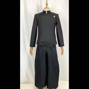 Black Men Uniform Costume Set Stand‑Collar Long Sleeve Top Wide Balloon Pants For Cosplay Halloween Fancy Dress Themed Party