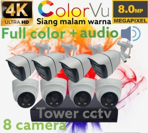PAKET CCTV 8MP COLORVU 8 CHANNEL 8 KAMERA AUDIO 4K ULTRA HD FULL COLOR SIANG MALAM