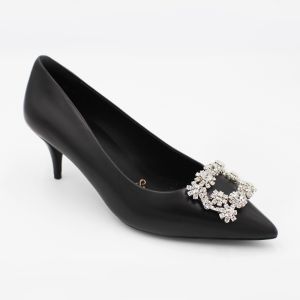 HOPE ROZA (previously ROSA) - MARYLYN Women Pointed Toe Kitten Heel Pump - Soft Leather Heels With Crystal Buckle for All Year Round Occasion - Black