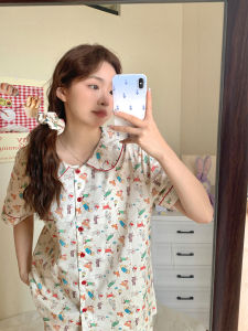 Womens Pajamas Summer Set Cotton Summer Short Sleeve Trousers Girl Cartoon Cute Outwear Summer Home Wear