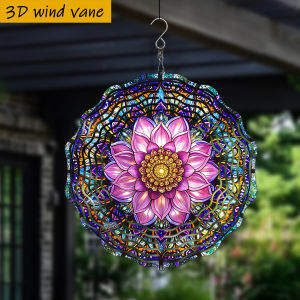 CIFbuy | CIFBUY 3D Purple Lotus Mandala Wind Chimes Metal Spinner with Stained Glass Effect Rotating Garden Ornament for YardPatio Decor