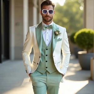 White And Matcha Green Formal Men wedding Suits Groom Groomsman Wedding Party Prom Business Male Tuxedos 3 Piece Blazer Vest Pan