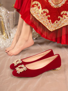 Pearl Decorated Flat Bottom Square Head Wedding Shoes Red Bride Shoes for Toast Serving Two-Way Wear Maternity Evening Gown Shoes