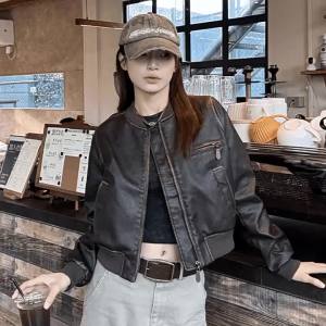 New in Autumn Winter Women High End Short Motorcycle Leather Jacket Women Top Retro Brown Loose Casual Coat Female Clothing
