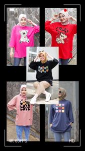 Kaos Gambar Lucu Oversize Lengan Panjang 7/8 Belah Pinggir Atasan Wanita Dewasa Muslimah Jumbo Hijab