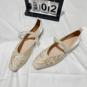 Elegant Embroidered Pearl Single Shoes Womens Chunky Low Heel Bean Bean Shoes Spring Autumn New Style Versatile Chinese National Style