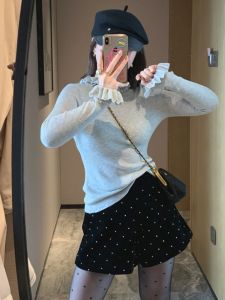 BINKAFENNY | Womens Slim Fit Knitted Base Shirt With Flared Sleeves And Lace Collar Korean Style Commute Fashion Autumn Winter Top