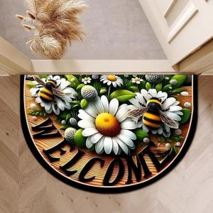 VIKAMA Half Round Welcome Daisy Bee Coir Spring Floral Nature Art Crystal Velvet Door Mat Non Slip Entryway Bedroom Living Room