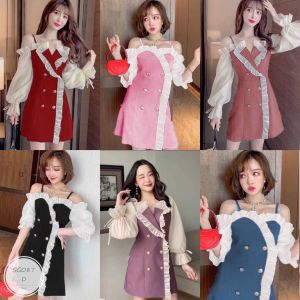 ML087  เดรสบาร์บี้เปิดไหล่ แขนผ้าแก้ว แต่งระบาย แต่งกระดุมสุดหรู ตีเกล็ดเก็บทรงสวยมากๆ ผ้าเป๊ะ ทรงสวย สวยครบ