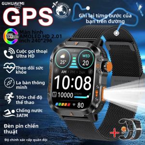 GUHUAVMI | Đồng Hồ Thông Minh GPS Quân Sự 2026 Dành Cho Nam Chống Nước Ngoài Trời 10ATM Tích Hợp La Bàn Màn Hình Cảm Ứng AMOLED HD 1.96 Đo Nhịp Tim Gọi Bluetooth Đèn Pin LED