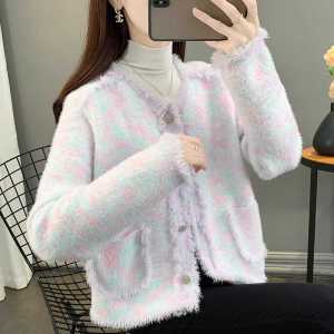 ฤดูใบไม้ผลิ ฤดูใบไม้ร่วง สุภาพสตรี หลวม ตัดขน คาร์ดิเกน สไตล์เกาหลี แขนยาวคอกลมถัก เสื้อโค้ท ทันสมัย ชุดเดินทาง