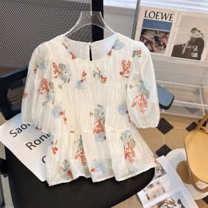Big Sale Leak-Picking ~ Summer Machine Embroidery Tencel Short-Sleeved Shirt Womens Stylish Anti-Aging Tummy Hiding Floral Tops