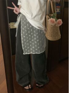 Váy Lưới Ren Trắng Mỏng Xếp Nếp Cho Nữ Mùa Thu Váy Lưới Cửa Sổ Không Đều Cạp Cao Phong Cách Hàn Quốc in Họa Tiết