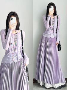 BINKAFENNY | Early Autumn Purple Knitted Cardigan And High Waist Pleated Skirt Two Piece Set High Fashion Sensation Ensemble For Ages 18-25
