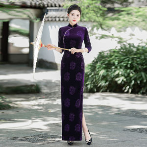 Elegant Long Velvet Qipao Dress Slimming Evening Show Dress Chinese Style New 2025 Summer Fashionable Womens Clothing