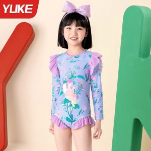 Childrens One-Piece Swimsuit Long Sleeve Training Swimwear Girls Professional Sun Protection Swimming Costume New 2025