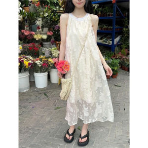 Miss Cacao Summer Dress Womens Soft Vacation Style Age-Defying Midi Lace Hook Flower Vest Skirt A-Line Silhouette High Waist