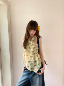 NIHAOKANONG | Áo Blouse Cổng Ngựa In Hình Dây Đeo Không Đều Ôm Sát Cho Mùa Hè