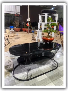 Bàn trà sofa - Bàn decor ovan 2 tầng eo ti - Khung sẳt sơn tĩnh điện mặt kính cường lực 50*100