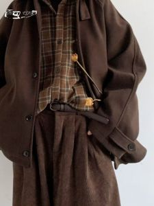 Autumn Winter Japanese Hong Kong Style Retro Mermaid Single Button Woolen Coat Mens Loose Casual Woolen Coat Jacket