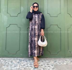 DASTER | DRESS RAYON KOMBINASI POLOS & MOTIF / MIDI DRESS WANITA KEKINIAN BUSUI RESLETING DEPAN