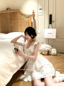 Tomoyois Summer Pear White Embroidery Sweet Waist Cinching Fairy Sleeve Lace Trimmed Puffy Skirt Cotton Cotton Gauze Dress