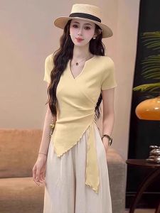 Áo Thun Cotton Tay Ngắn Mùa Hè Mới Pure Cotton Design Sense Uneven Hem Pure Cotton Short Sleeve T-Shirt Slim Fit Slimming Top