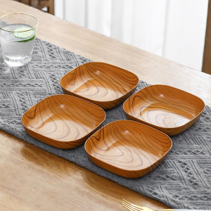 MaxPlus 4pcs Plate Set Kitchenware Plastic Wooden Design Square Snack Tableware Kitchen Supplies