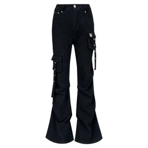 High Waist Workwear Casual Pants Lii.Liilou Street Style Multi Pocket Drawstring Design Pleated Loose Fit Female Trousers