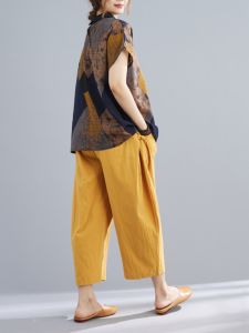 Summer Cotton Linen Set for Middle-Aged And Elderly Women Loose plus Size Meat Concealing Retro Print Casual Two-Piece Set