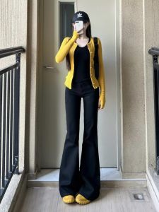 Quần Jeans Ống Loe Ôm Dáng Co Giãn Màu Đen Cạp Cao Cho Nữ Quần Dài Đến Sàn Mùa Xuân Thu Quần Jeans Nữ Cao Cấp