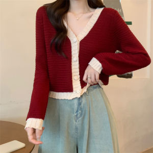 เสื้อคาร์ดิแกนถักสีแดงวินเทจคอวีสำหรับผู้หญิง ทรงสั้นเอวสูง แขนยาว ผ้าฝ้ายผสม ทรงหลวม ฤดูใบไม้ร่วง 2025