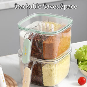 Portable 4 in 1 Seasoning Box with Spoon Kitchen Supplies Seasoning Bottle Spice Jar Condiment Box Salt Pepper Spice Container Household Multi-grid Storage Box Seasoning Tank