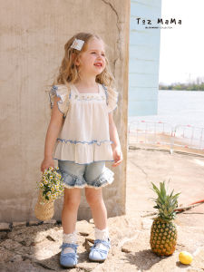toz mama | Color Block Embroidery Flutter Sleeve Top and Shorts Set for Girls