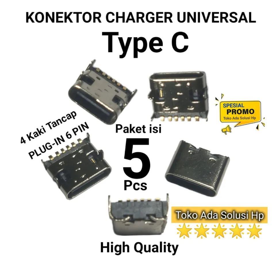 Lima Buah Konektor Cas Tipe C Usb Female Plug in Connector Charger