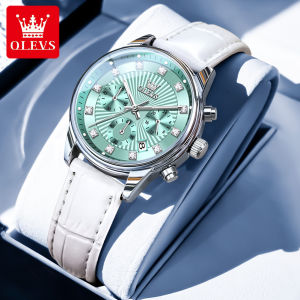 OLEVS Watch For Women Waterproof Original Leather Strap Green Quartz Fashion Ladies Wristwatch