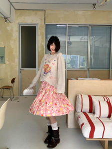 Double Waist Design Floral A-Line Midi Skirt Womens Summer Holiday Versatile Pleated Skirt Pumpkin Style All-Match Skirt