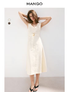 Mango | New Breathable Simple Design V-Neck 100% Linen A-Line Dress