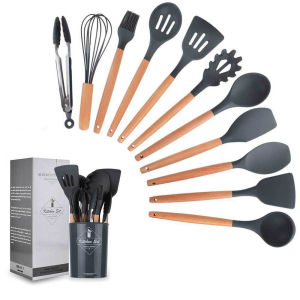 Non-stick Cooking Tool Set Silicone Dark Gray Wooden Handle