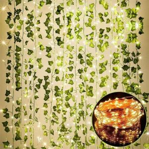 Led Outdoor Garden Decorative Rattan Light New Green Leaf Rattan Lantern Solar Simulation Flower Rattan Lamp String Hot