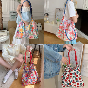Summer Floral Canvas Tote Bag Large Capacity Rose Flower Beach Bag Refreshing Shopping Bag Single Shoulder Tote Bag