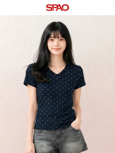 spao | Áo Thun Tay Ngắn V-Neck Hình Chấm Chấm