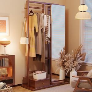 Solid Wood Floor-standing Bedroom Home Use Room Coat Rack Rotating Clothes Mirror Integrated Living Room Clothes Hanger with Mirror