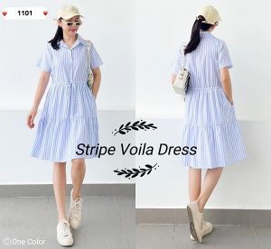 ●ECLAIRE● 063 Dress Midi Kerah Kemeja Lengan Pendek Shortsleeves Drawstring Tali Serut Salur Stripe Garis-garis Busui Friendly Kasual Casual Kerja Kantor Basic Korea 1101