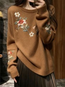 Chic Lazy Soft Sweater Womens Loose Comfortable Style Autumn New Arrival Casual Fashion Knitted Top Plant Floral Pattern